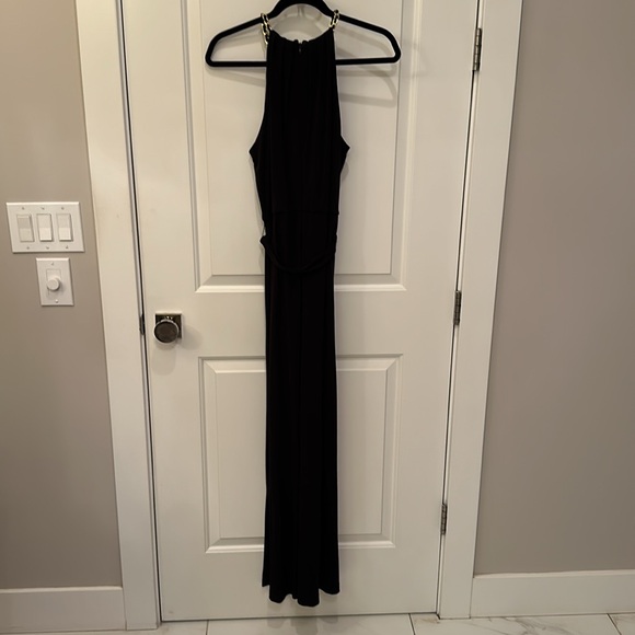 Black wide-legged jumpsuits with gold chained halter top - Picture 2 of 4